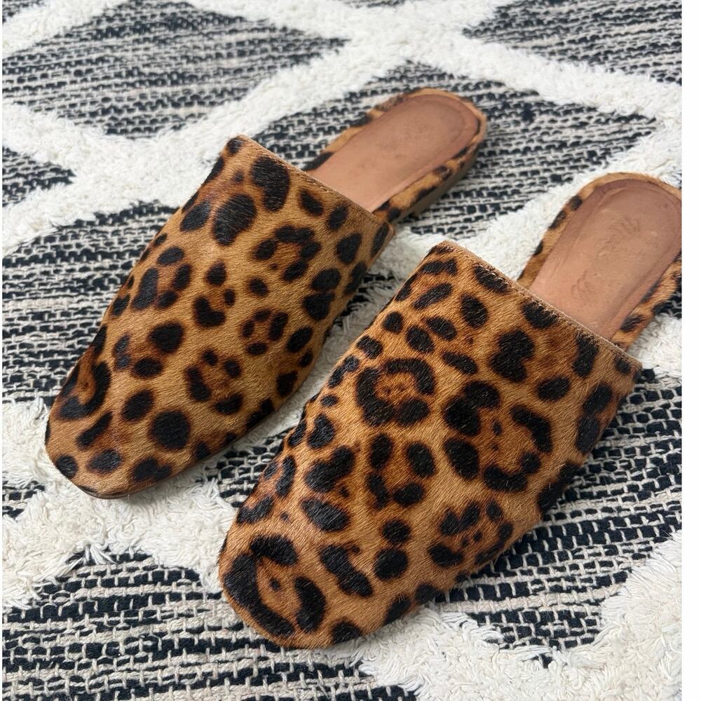 EUC Madewell Cory Mule Leopard Calf Hair Leather Slide-On Shoe Brown Women US 8